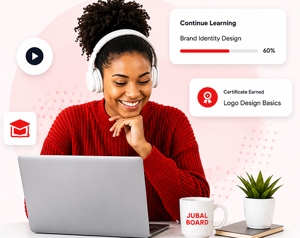 Learner smiling while taking an online course